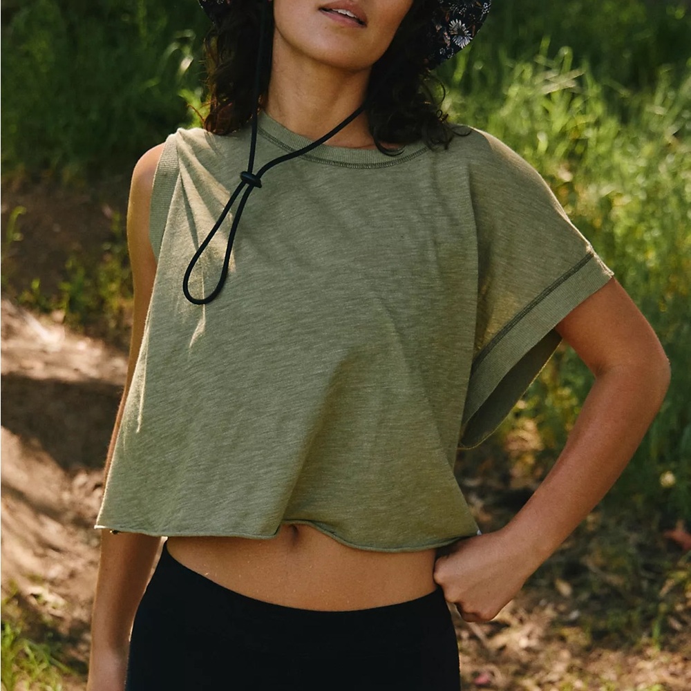 Free People My Time Short Sleeve Tee with Open Back in Olive Green
